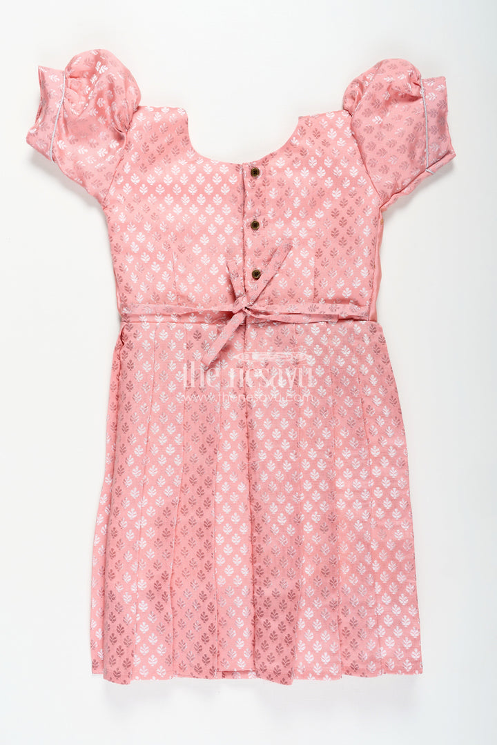 Girls Semi Banaras Silk Pink Party Wear Gown with Intricate Woven Motifs and Classic Puff Sleeves