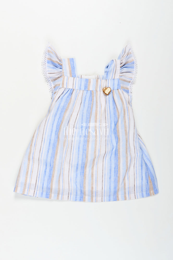 Girls Stripe Frock in Cotton with Shoulder Bows and Classic Vertical Multi Color Stripes
