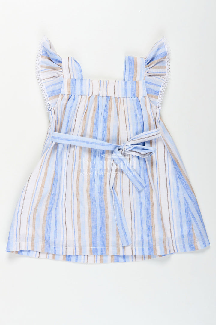 Girls Stripe Frock in Cotton with Shoulder Bows and Classic Vertical Multi Color Stripes