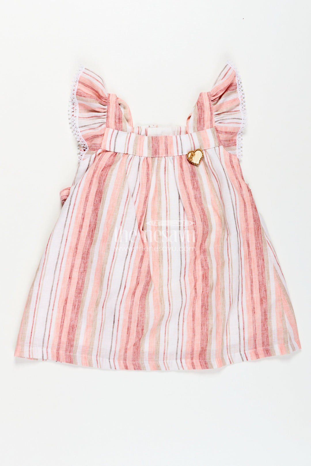 Girls Puff Hand Dress in Soft Cotton with Vertical Stripes and Frill Sleeves for a Breezy Casual Look