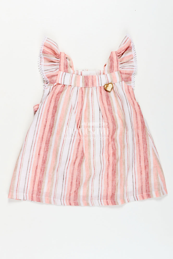 Girls Puff Hand Dress in Soft Cotton with Vertical Stripes and Frill Sleeves for a Breezy Casual Look