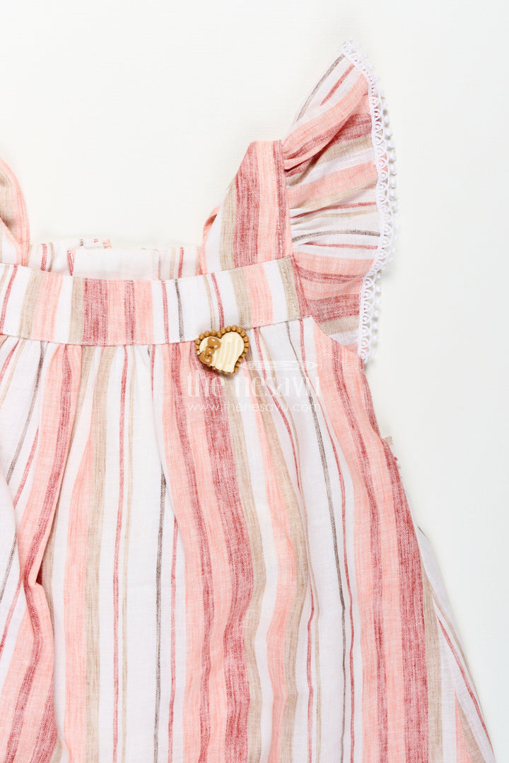 Girls Puff Hand Dress in Soft Cotton with Vertical Stripes and Frill Sleeves for a Breezy Casual Look