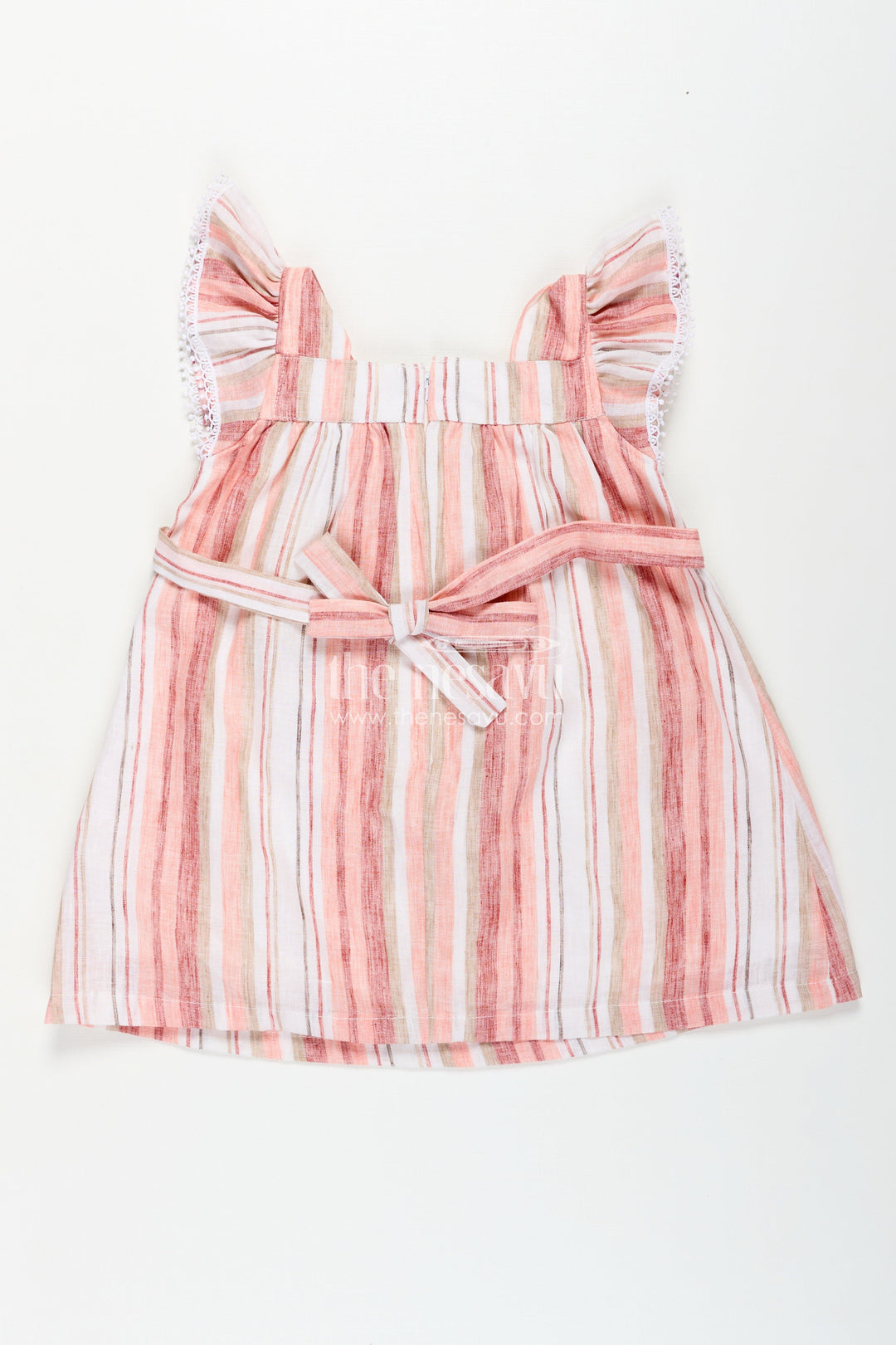 Girls Puff Hand Dress in Soft Cotton with Vertical Stripes and Frill Sleeves for a Breezy Casual Look