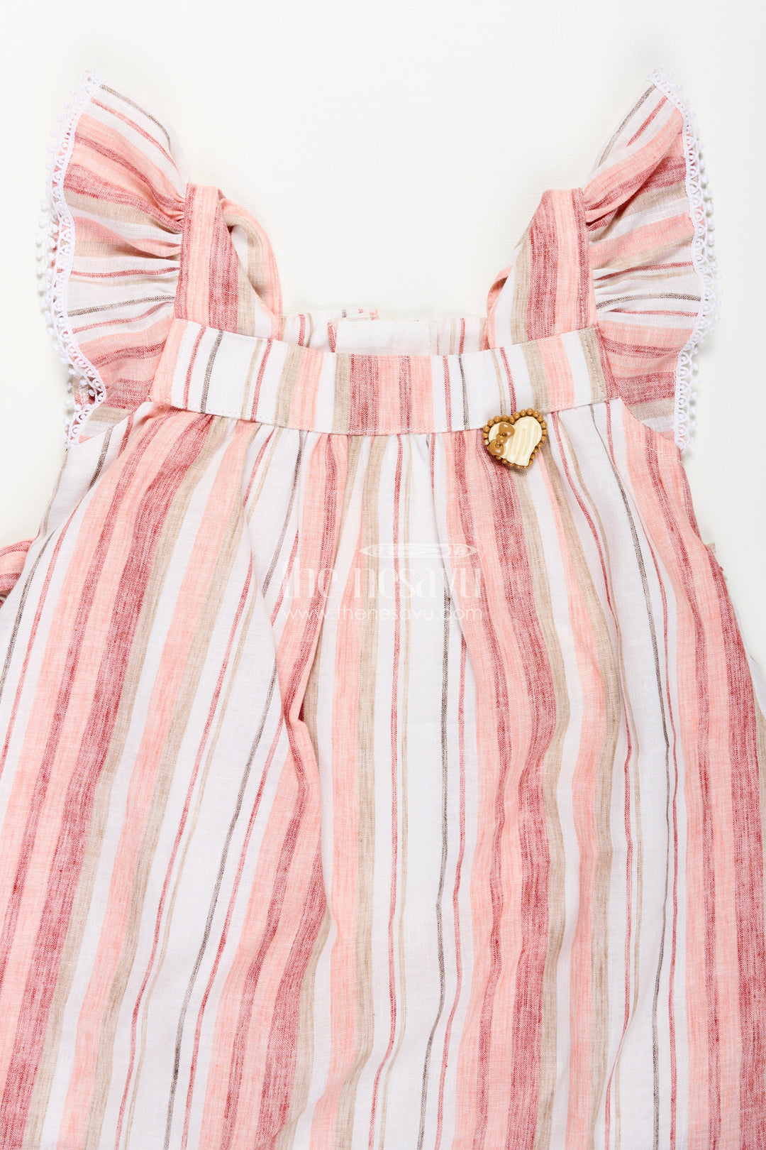 Girls Puff Hand Dress in Soft Cotton with Vertical Stripes and Frill Sleeves for a Breezy Casual Look