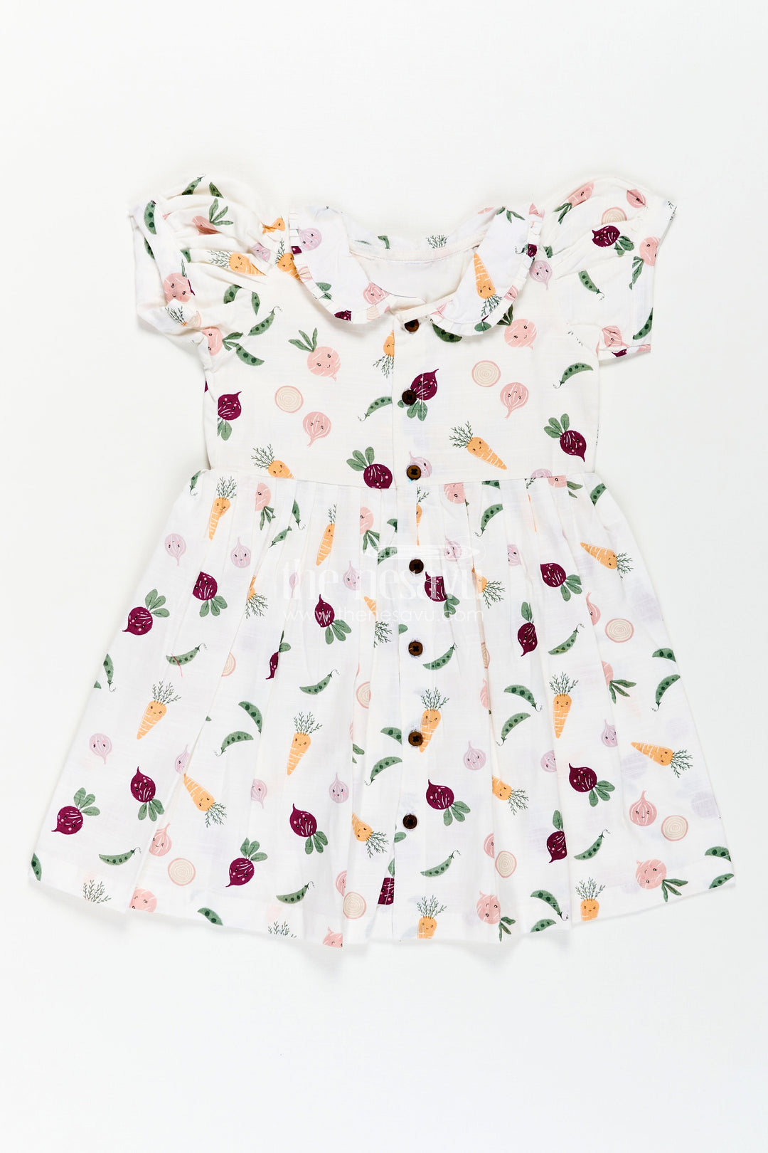 Girls White Cotton Dress with Allover Digital Print and Puff Sleeves Featuring Playful Vegetable Patterns