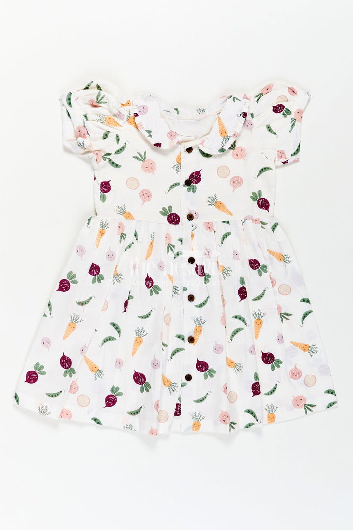 Girls White Cotton Dress with Allover Digital Print and Puff Sleeves Featuring Playful Vegetable Patterns
