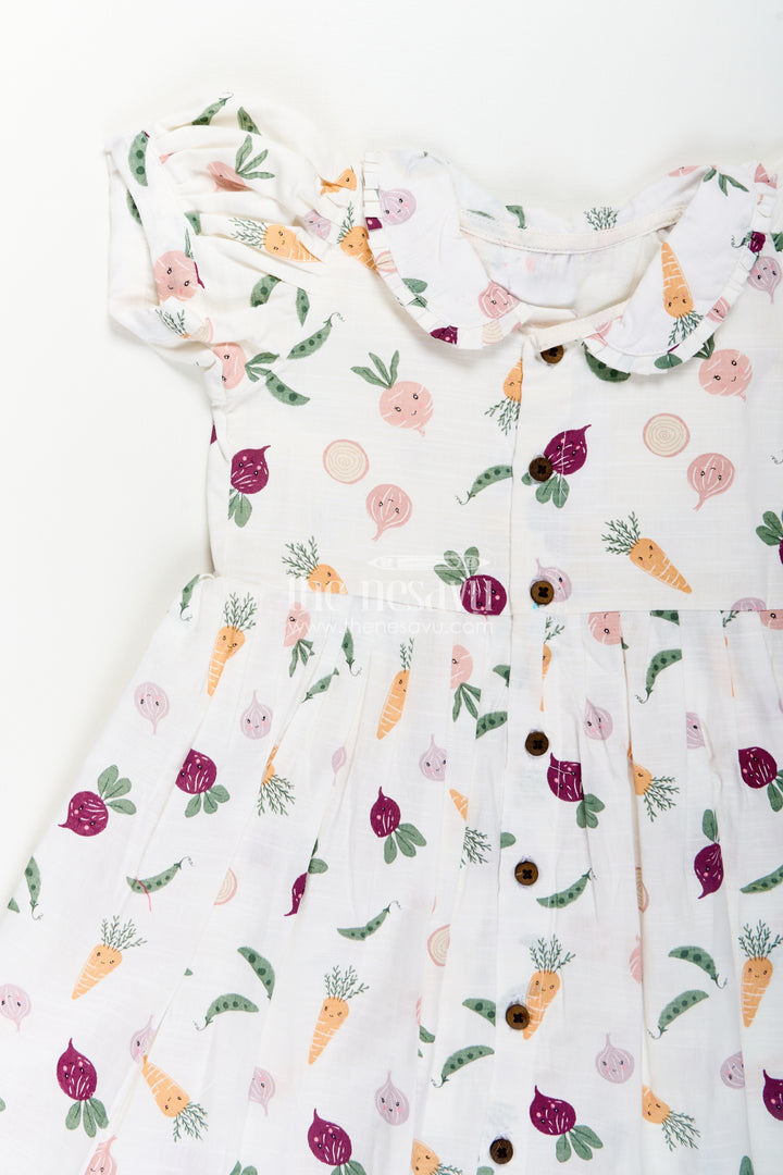 Girls White Cotton Dress with Allover Digital Print and Puff Sleeves Featuring Playful Vegetable Patterns