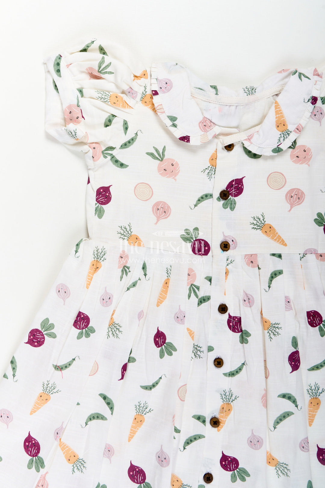 Girls White Cotton Dress with Allover Digital Print and Puff Sleeves Featuring Playful Vegetable Patterns