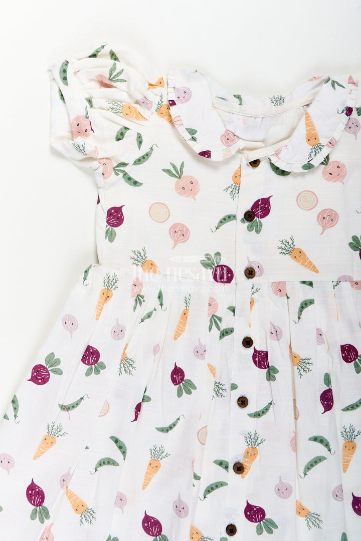 Girls White Cotton Dress with Allover Digital Print and Puff Sleeves Featuring Playful Vegetable Patterns