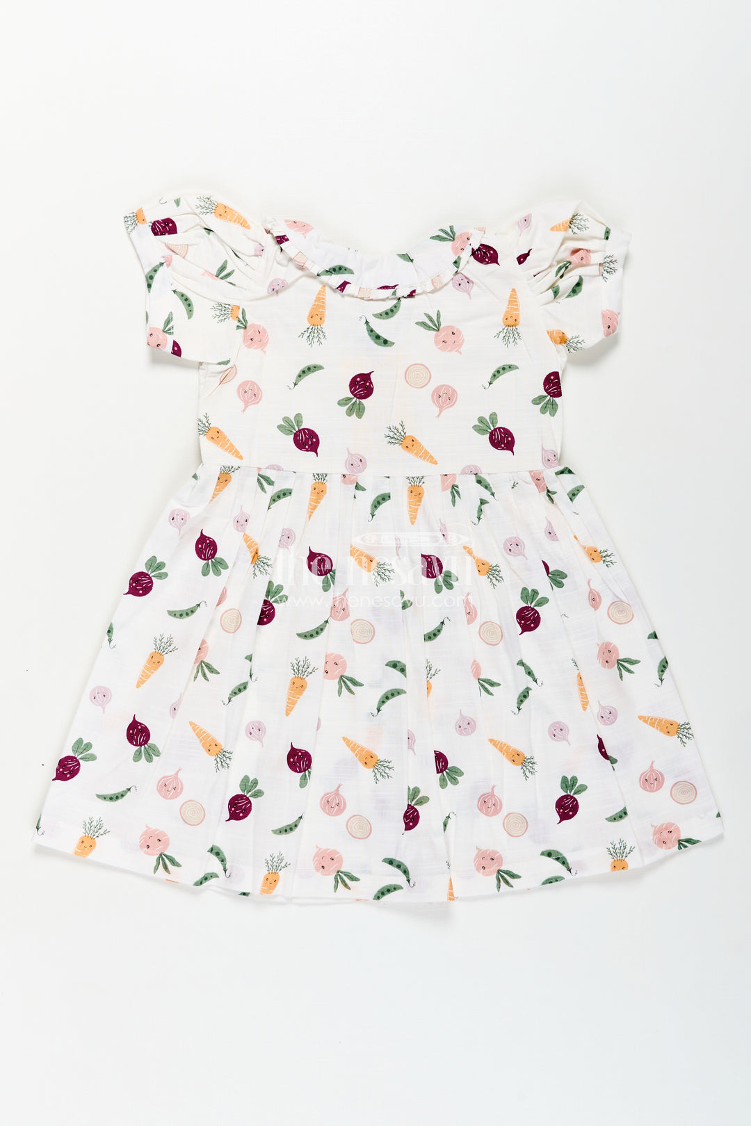 Girls White Cotton Dress with Allover Digital Print and Puff Sleeves Featuring Playful Vegetable Patterns
