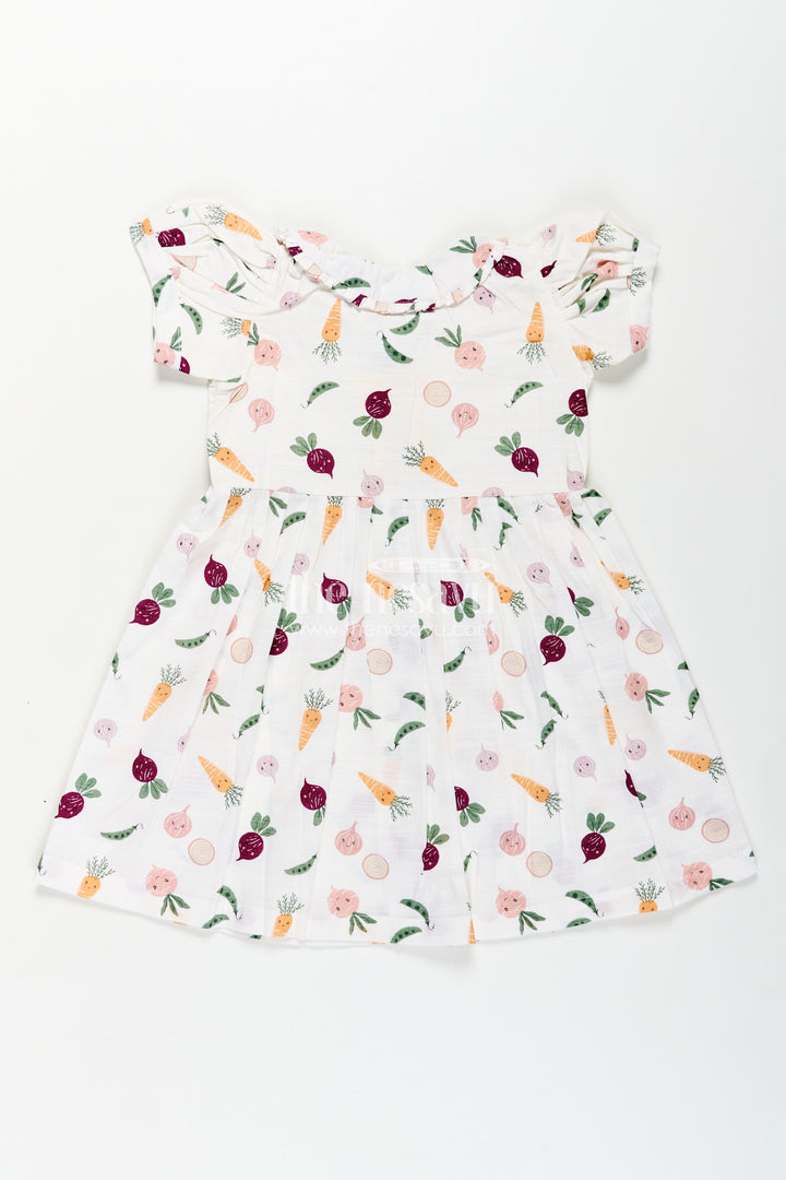 Girls White Cotton Dress with Allover Digital Print and Puff Sleeves Featuring Playful Vegetable Patterns