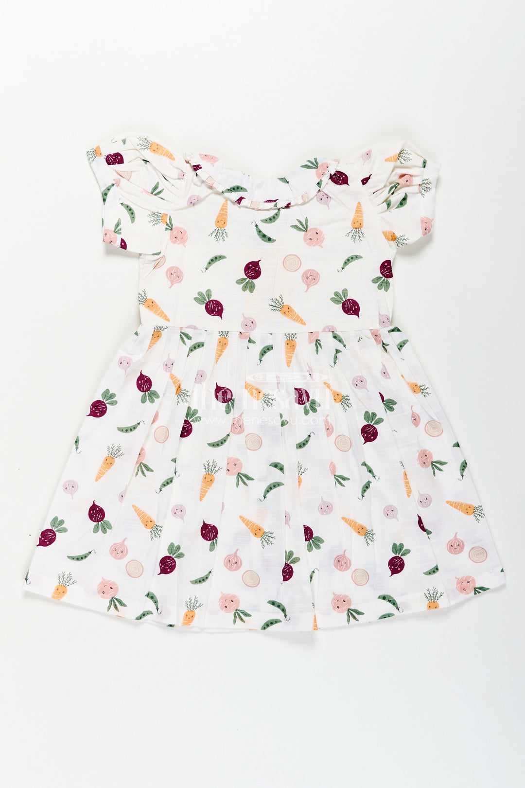 Girls White Cotton Dress with Allover Digital Print and Puff Sleeves Featuring Playful Vegetable Patterns