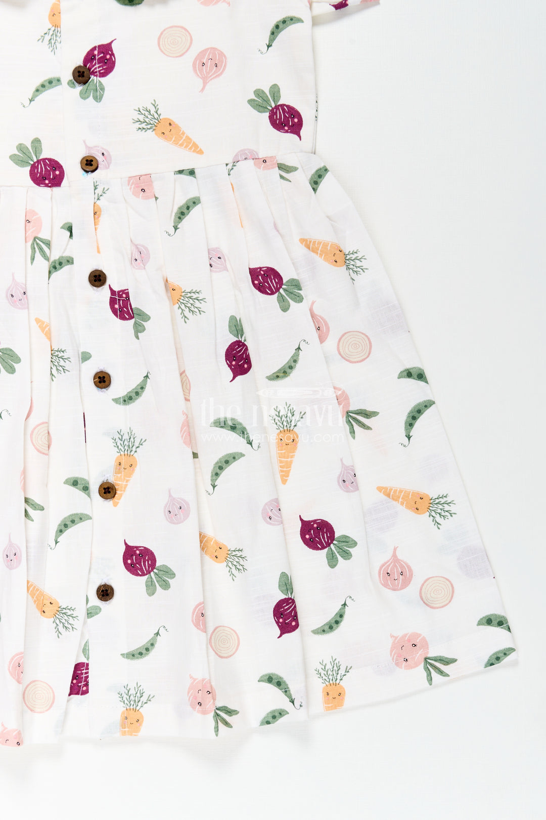 Girls White Cotton Dress with Allover Digital Print and Puff Sleeves Featuring Playful Vegetable Patterns
