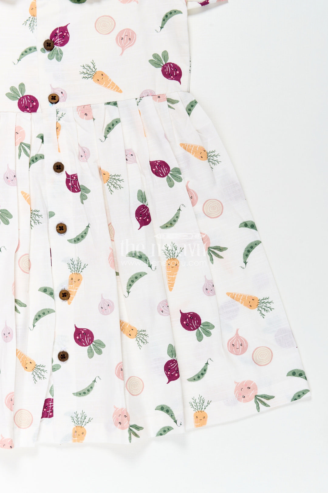 Girls White Cotton Dress with Allover Digital Print and Puff Sleeves Featuring Playful Vegetable Patterns