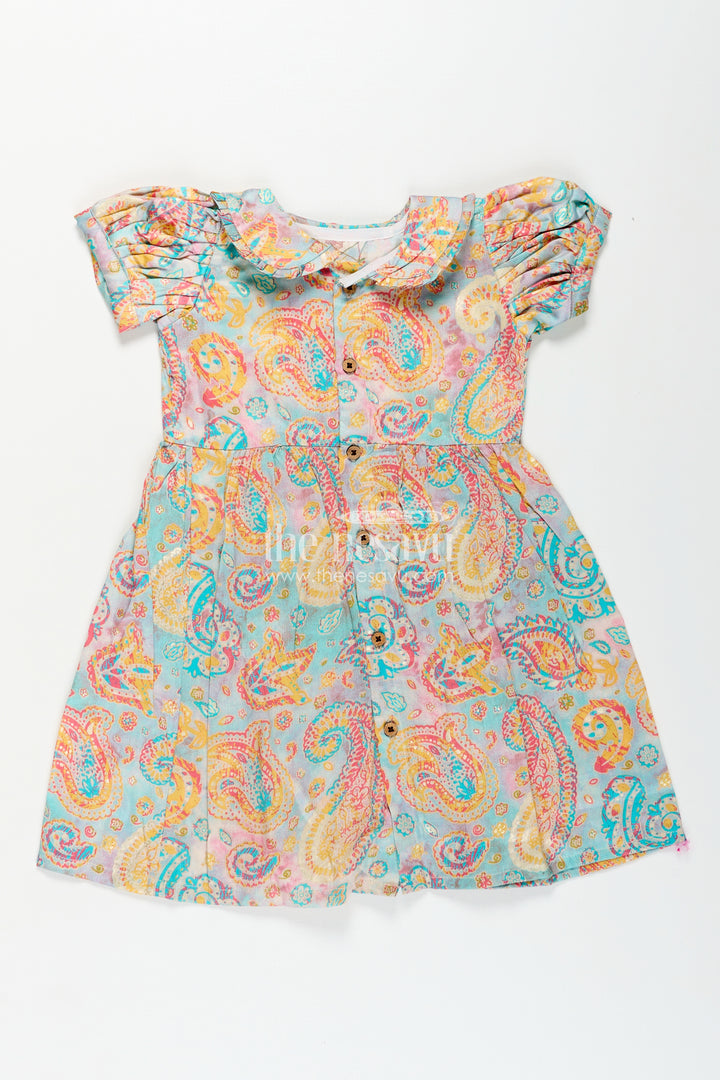 Girls Cotton Wear Dress with Vibrant Paisley Digital Prints and Pleated Waist for Casual Comfort