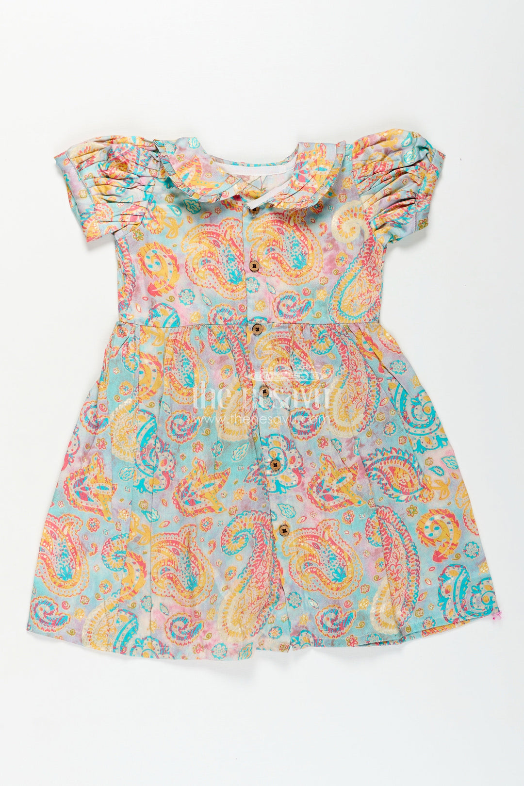 Girls Cotton Wear Dress with Vibrant Paisley Digital Prints and Pleated Waist for Casual Comfort
