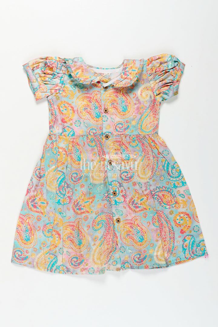 Girls Cotton Wear Dress with Vibrant Paisley Digital Prints and Pleated Waist for Casual Comfort