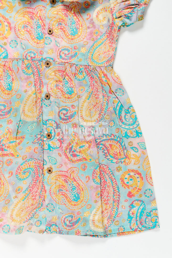 Girls Cotton Wear Dress with Vibrant Paisley Digital Prints and Pleated Waist for Casual Comfort
