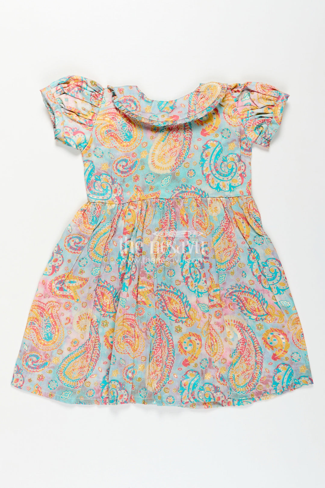 Girls Cotton Wear Dress with Vibrant Paisley Digital Prints and Pleated Waist for Casual Comfort