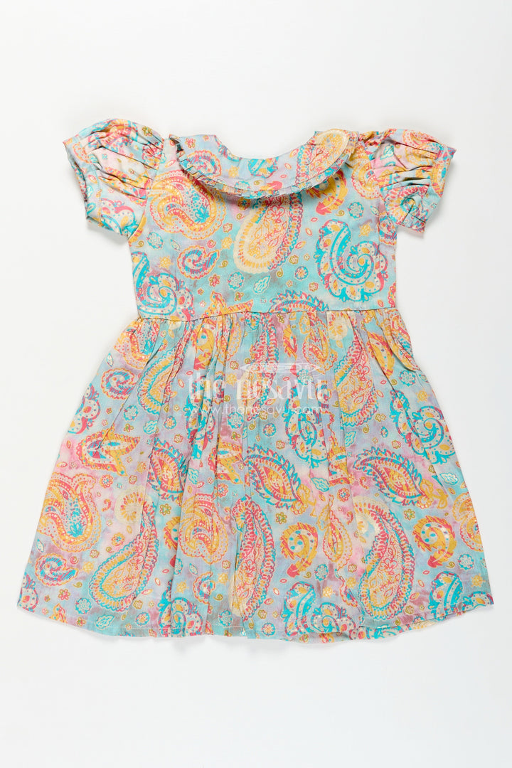 Girls Cotton Wear Dress with Vibrant Paisley Digital Prints and Pleated Waist for Casual Comfort
