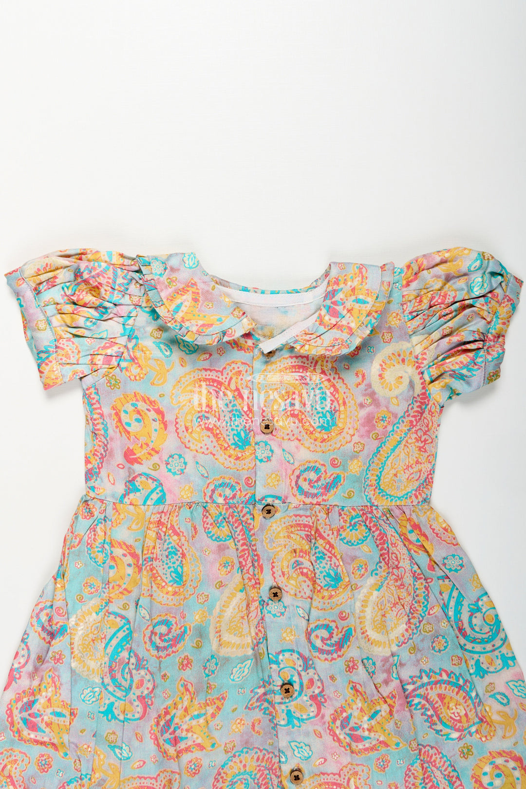 Girls Cotton Wear Dress with Vibrant Paisley Digital Prints and Pleated Waist for Casual Comfort
