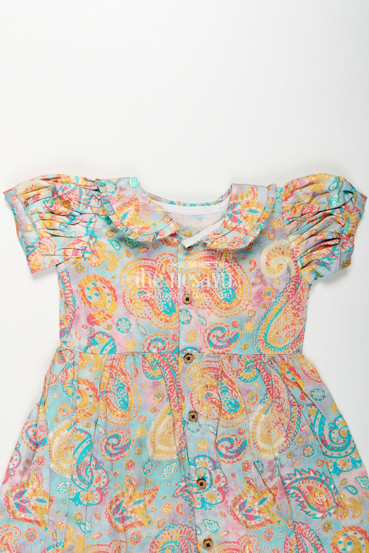 Girls Cotton Wear Dress with Vibrant Paisley Digital Prints and Pleated Waist for Casual Comfort