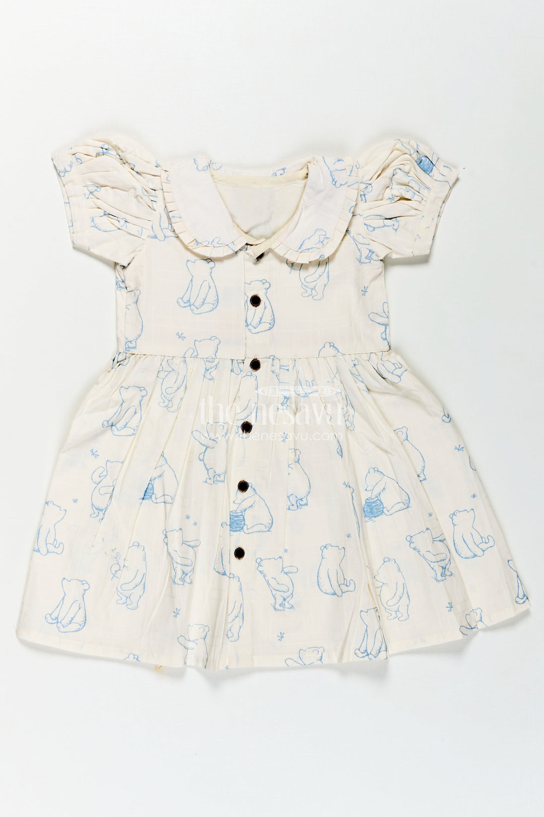Girls Latest Cotton Dress in White with Allover Digital Animal Print and Classic Peter Pan Collar