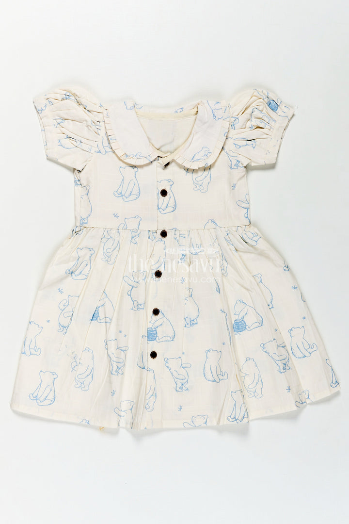 Girls Latest Cotton Dress in White with Allover Digital Animal Print and Classic Peter Pan Collar