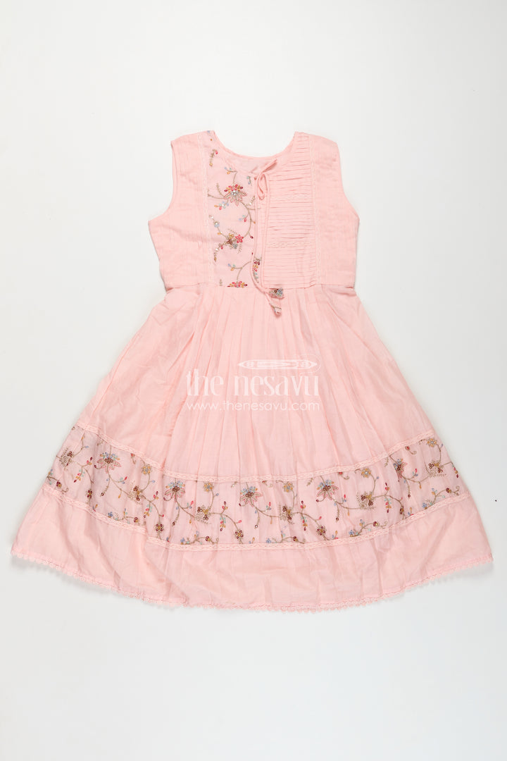 Girls Cotton Latest Designer Frock in Blush Pink with Pintucks and Thread Embroidery Yoke