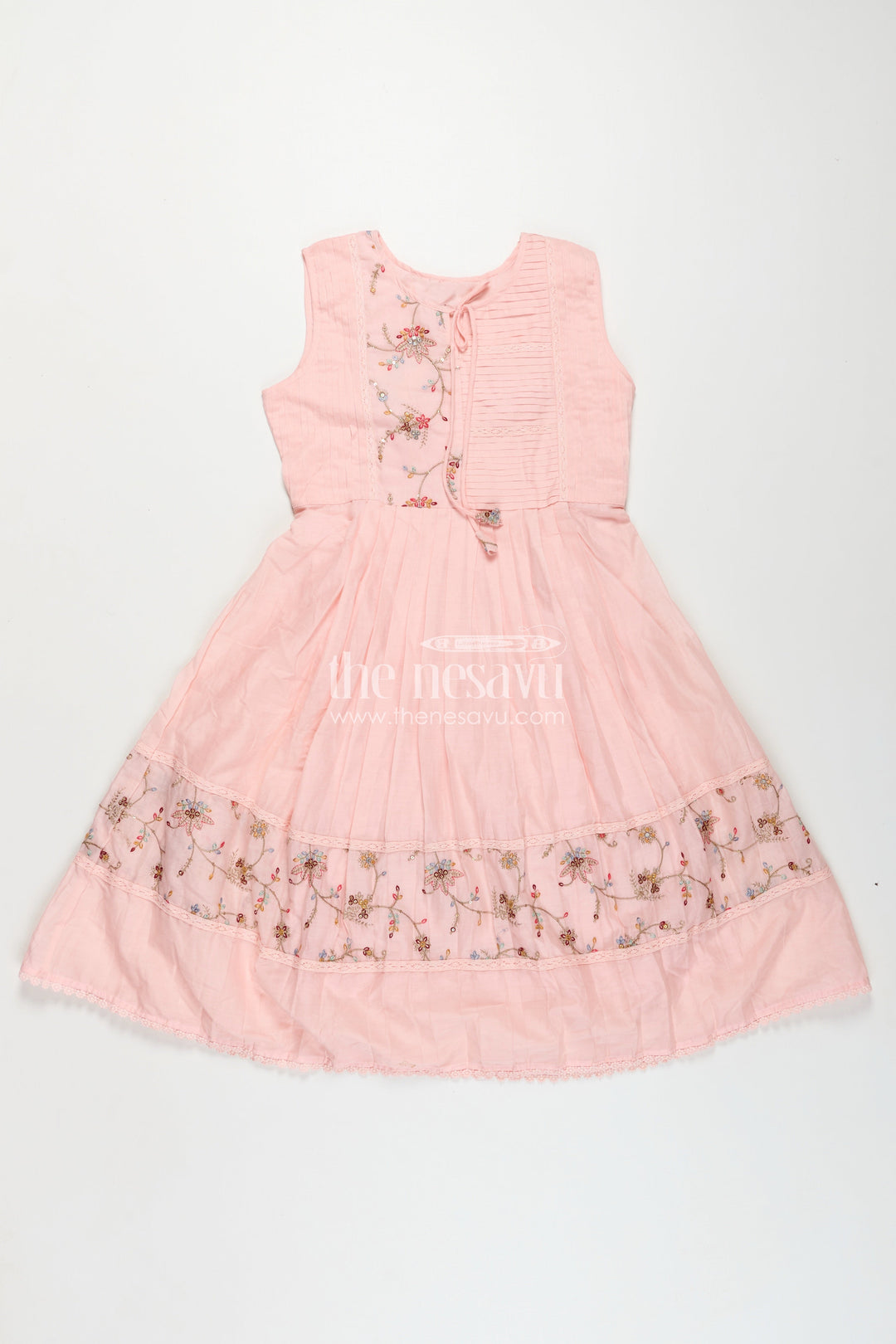 Girls Cotton Latest Designer Frock in Blush Pink with Pintucks and Thread Embroidery Yoke