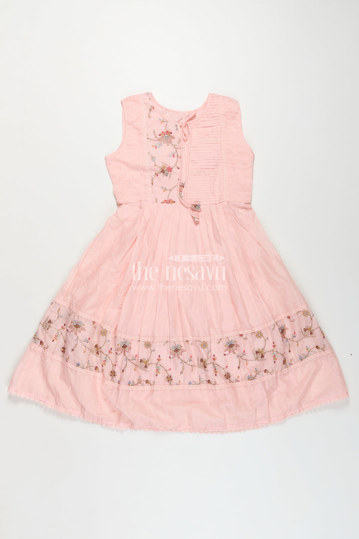 Girls Cotton Latest Designer Frock in Blush Pink with Pintucks and Thread Embroidery Yoke