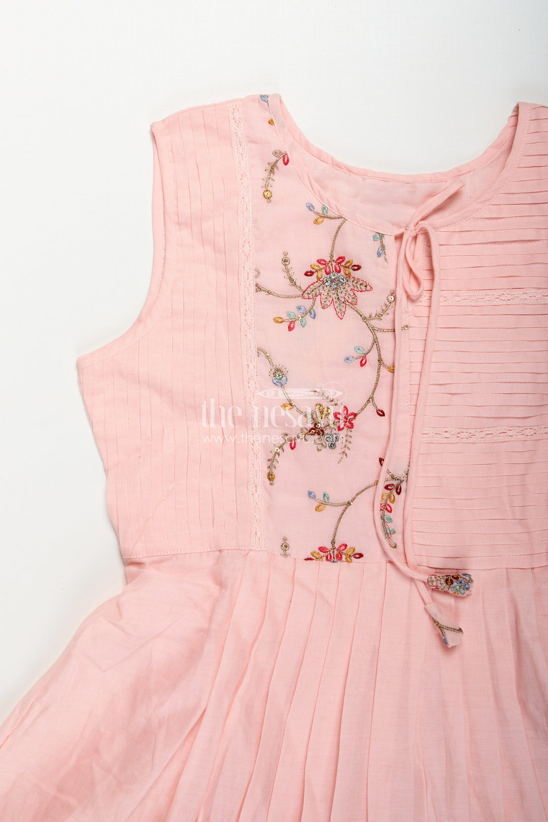 Girls Cotton Latest Designer Frock in Blush Pink with Pintucks and Thread Embroidery Yoke
