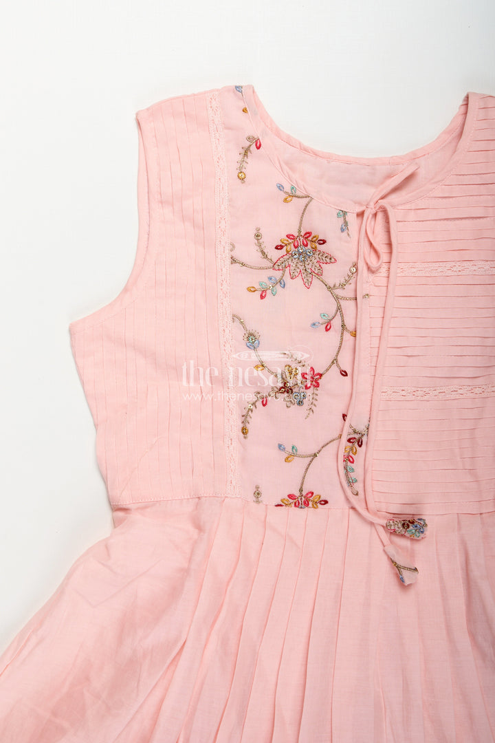 Girls Cotton Latest Designer Frock in Blush Pink with Pintucks and Thread Embroidery Yoke
