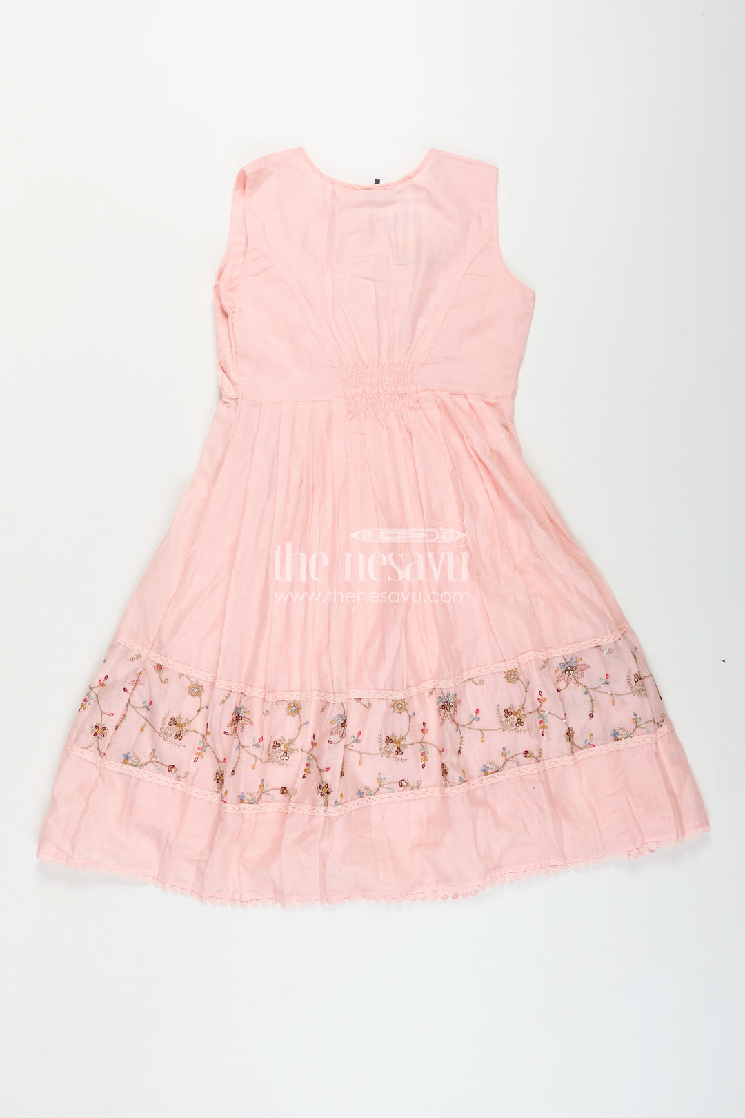 Girls Cotton Latest Designer Frock in Blush Pink with Pintucks and Thread Embroidery Yoke
