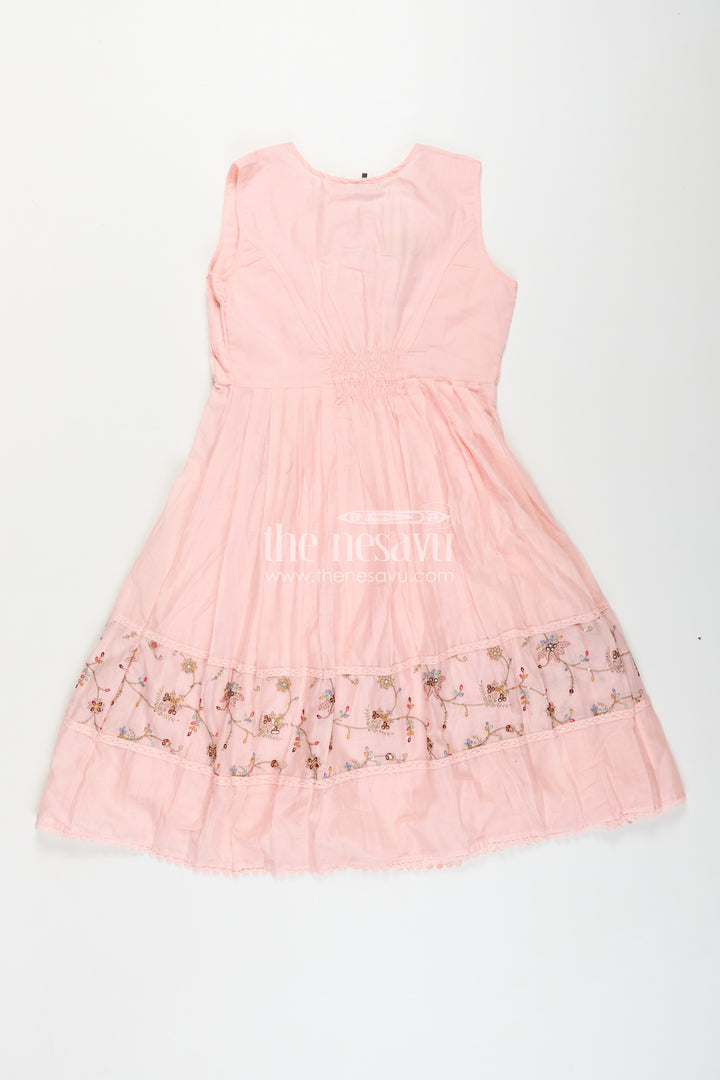 Girls Cotton Latest Designer Frock in Blush Pink with Pintucks and Thread Embroidery Yoke