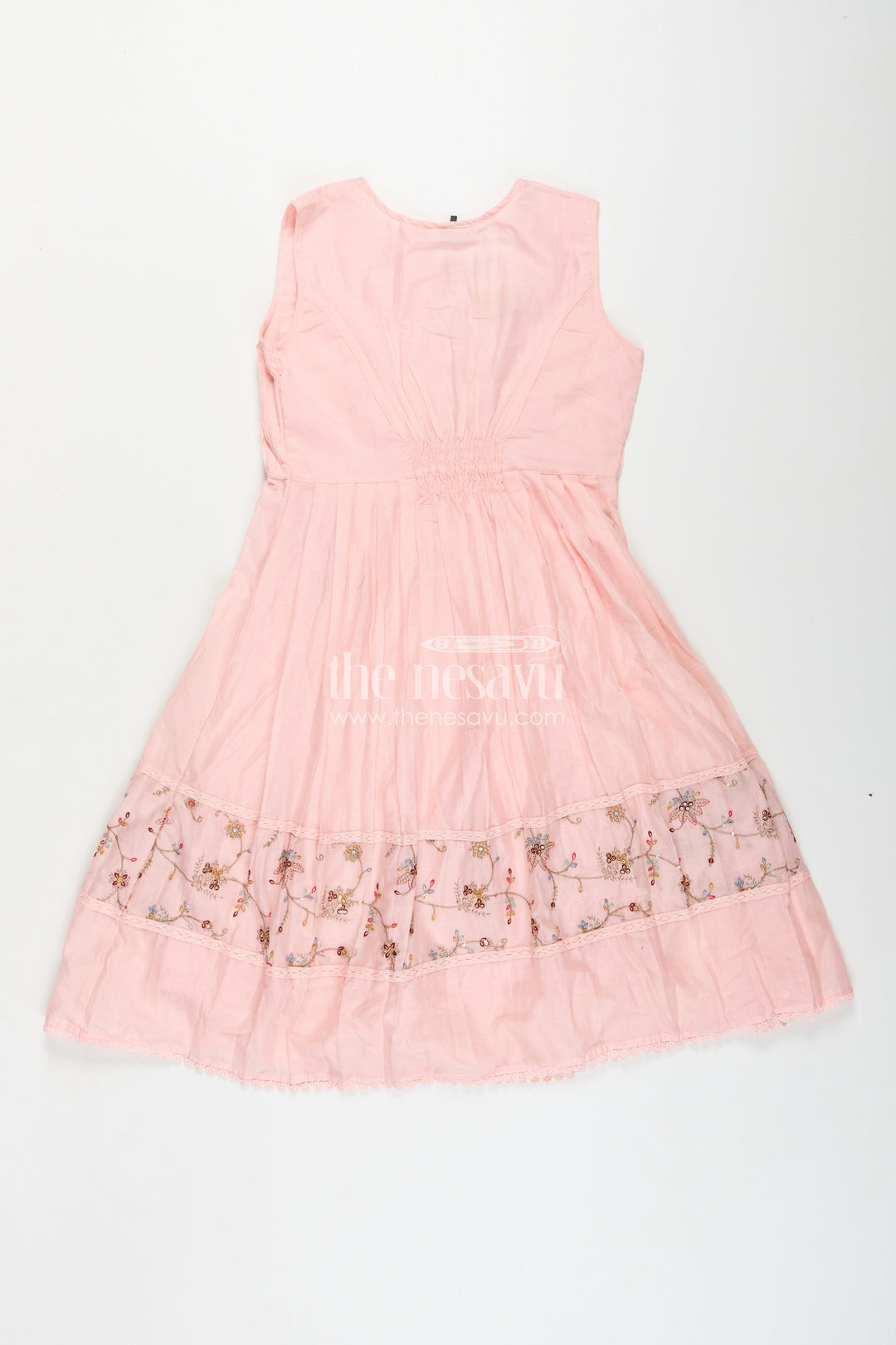 Girls Cotton Latest Designer Frock in Blush Pink with Pintucks and Thread Embroidery Yoke
