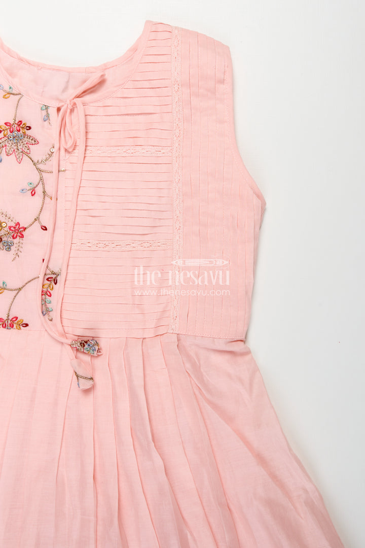 Girls Cotton Latest Designer Frock in Blush Pink with Pintucks and Thread Embroidery Yoke