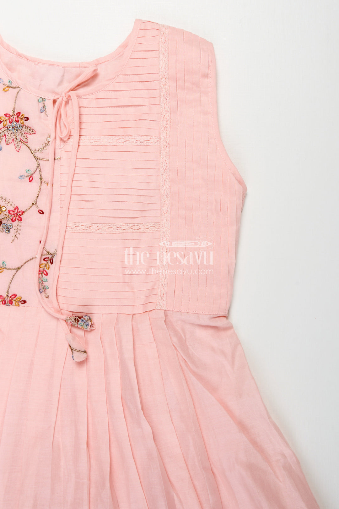 Girls Cotton Latest Designer Frock in Blush Pink with Pintucks and Thread Embroidery Yoke