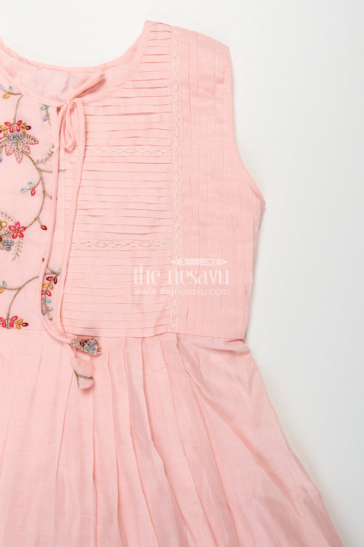 Girls Cotton Latest Designer Frock in Blush Pink with Pintucks and Thread Embroidery Yoke