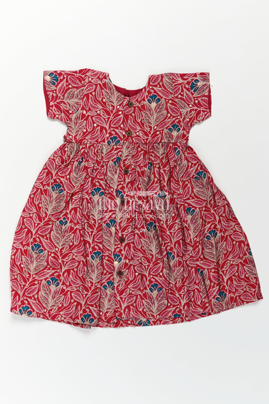 Girls Printed Chanderi Frock with Frill Inspired Styling and Traditional Leafy Motif Print