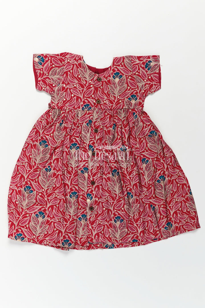 Girls Printed Chanderi Frock with Frill Inspired Styling and Traditional Leafy Motif Print