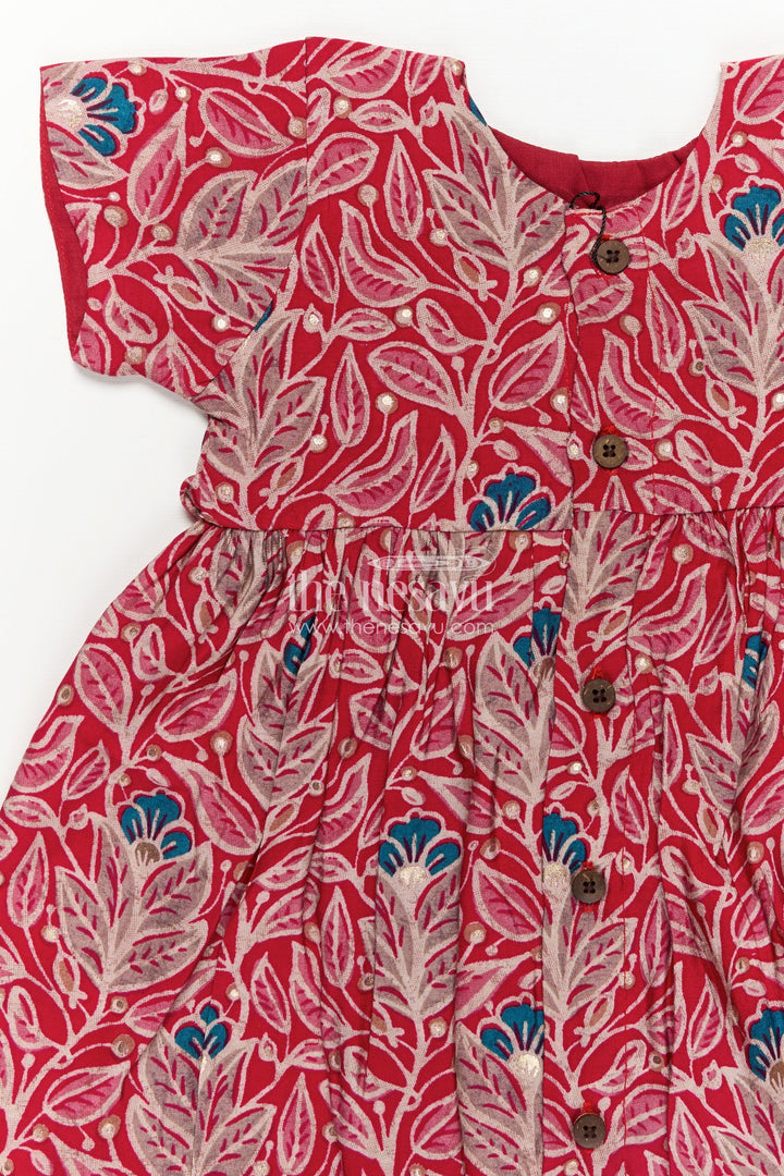 Girls Printed Chanderi Frock with Frill Inspired Styling and Traditional Leafy Motif Print