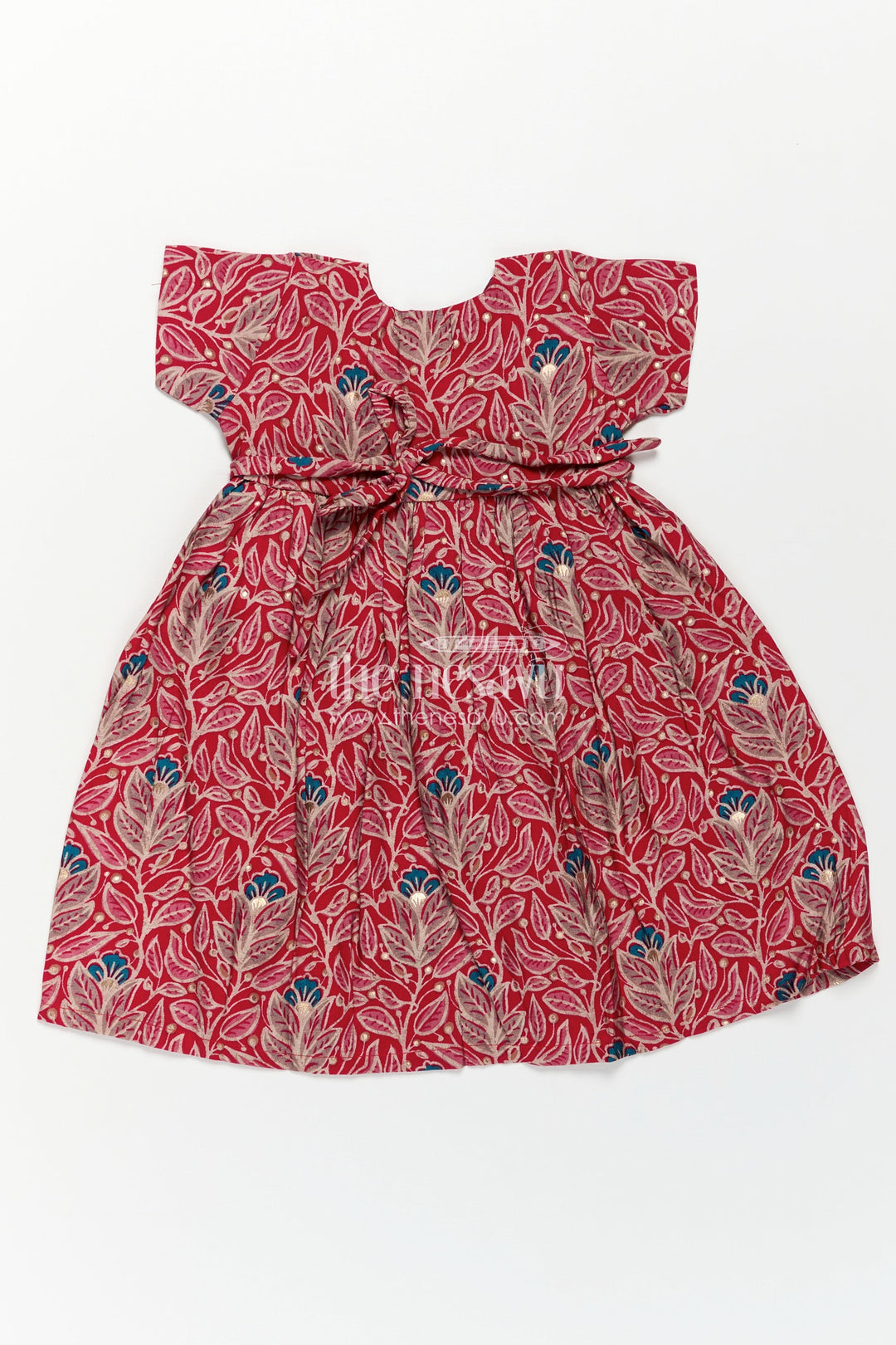 Girls Printed Chanderi Frock with Frill Inspired Styling and Traditional Leafy Motif Print
