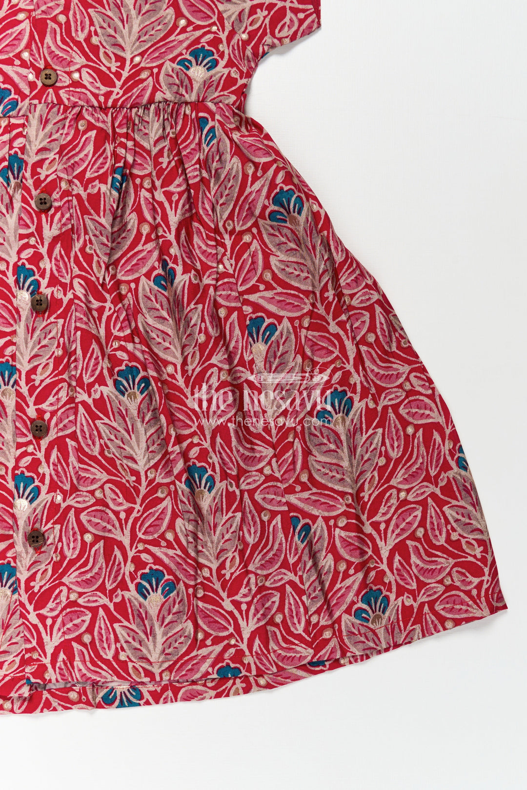 Girls Printed Chanderi Frock with Frill Inspired Styling and Traditional Leafy Motif Print