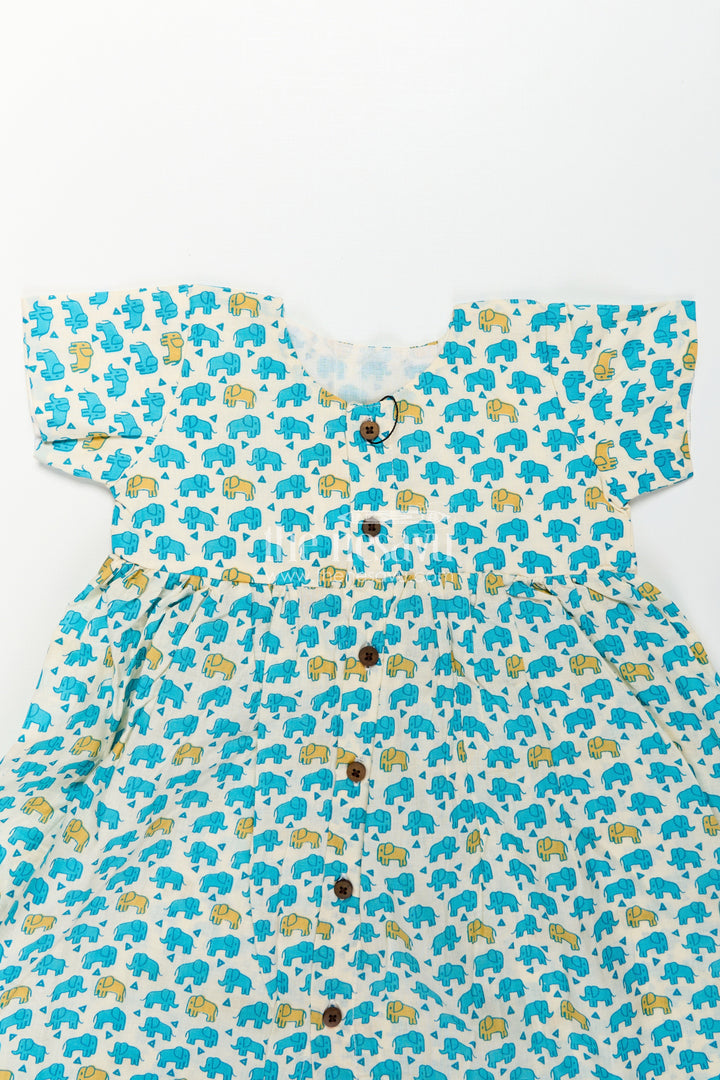 Girls Cotton Printed Frock with Front Button Frock Design and Cute Elephant Motif Pattern