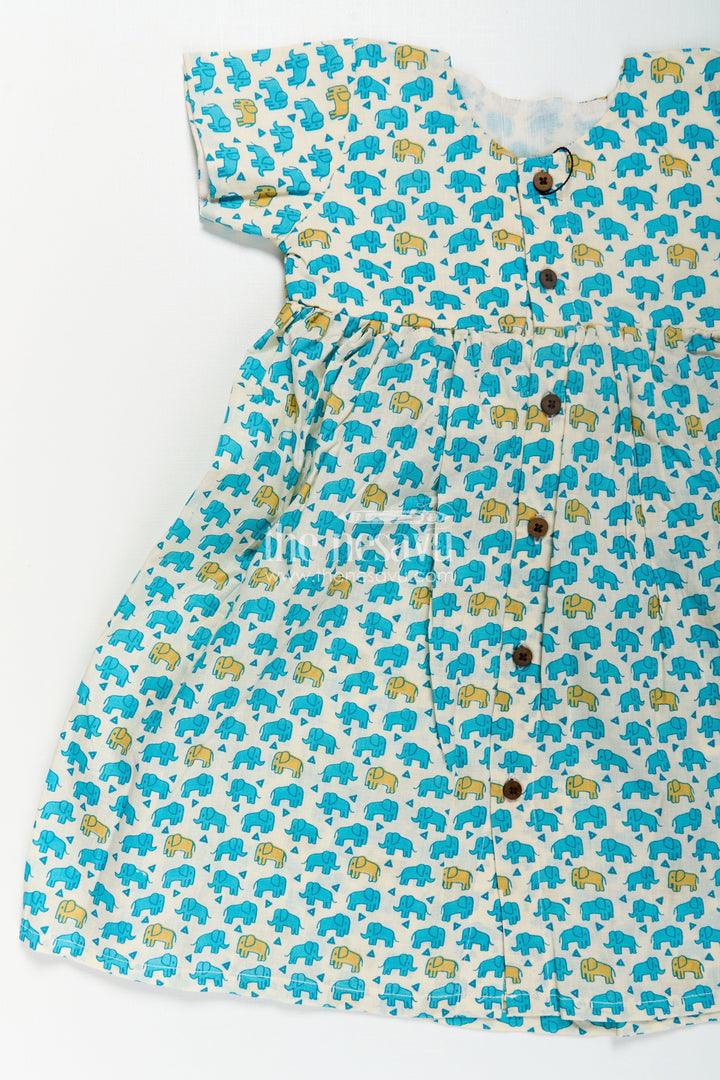 Girls Cotton Printed Frock with Front Button Frock Design and Cute Elephant Motif Pattern