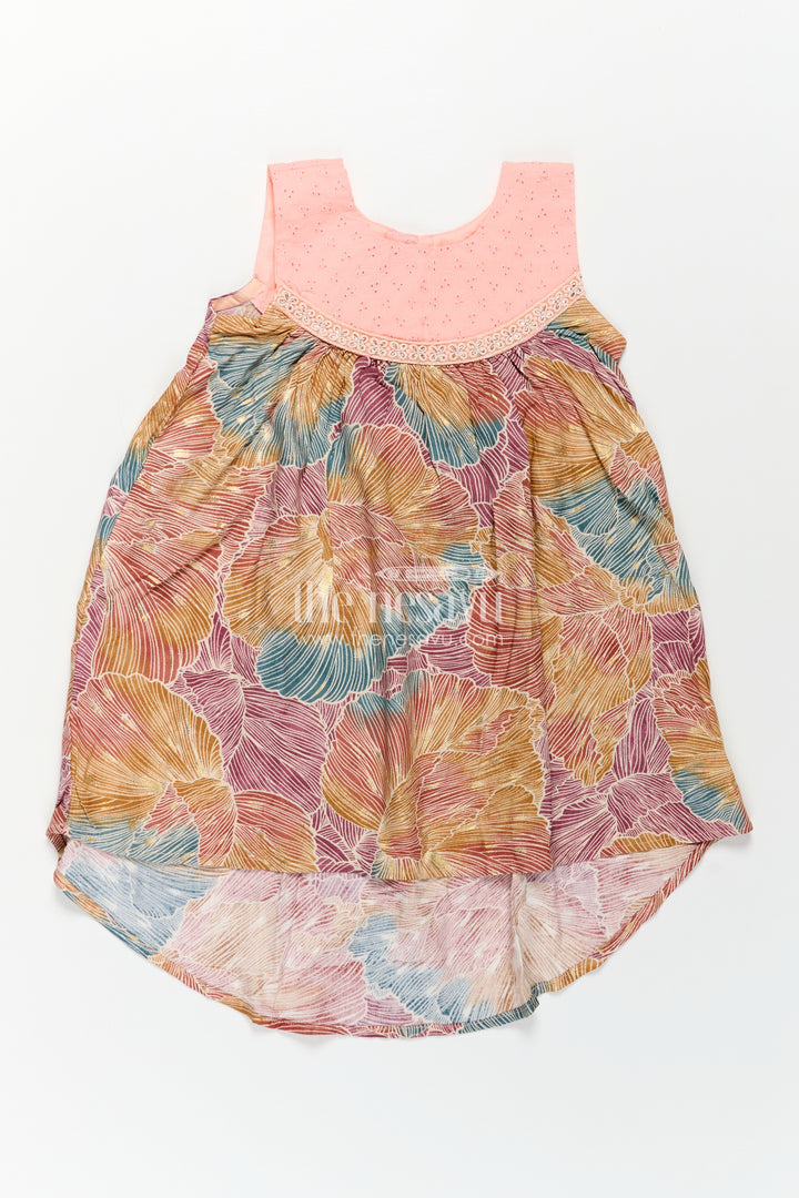 Girls Printed Chanderi Frock with Multicolour Leaves and Embroidered Yoke in Design Frock Design Style