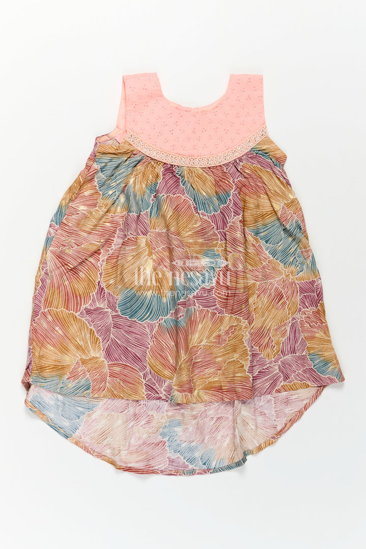 Girls Printed Chanderi Frock with Multicolour Leaves and Embroidered Yoke in Design Frock Design Style