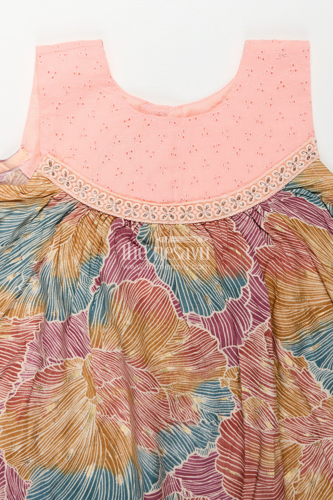Girls Printed Chanderi Frock with Multicolour Leaves and Embroidered Yoke in Design Frock Design Style