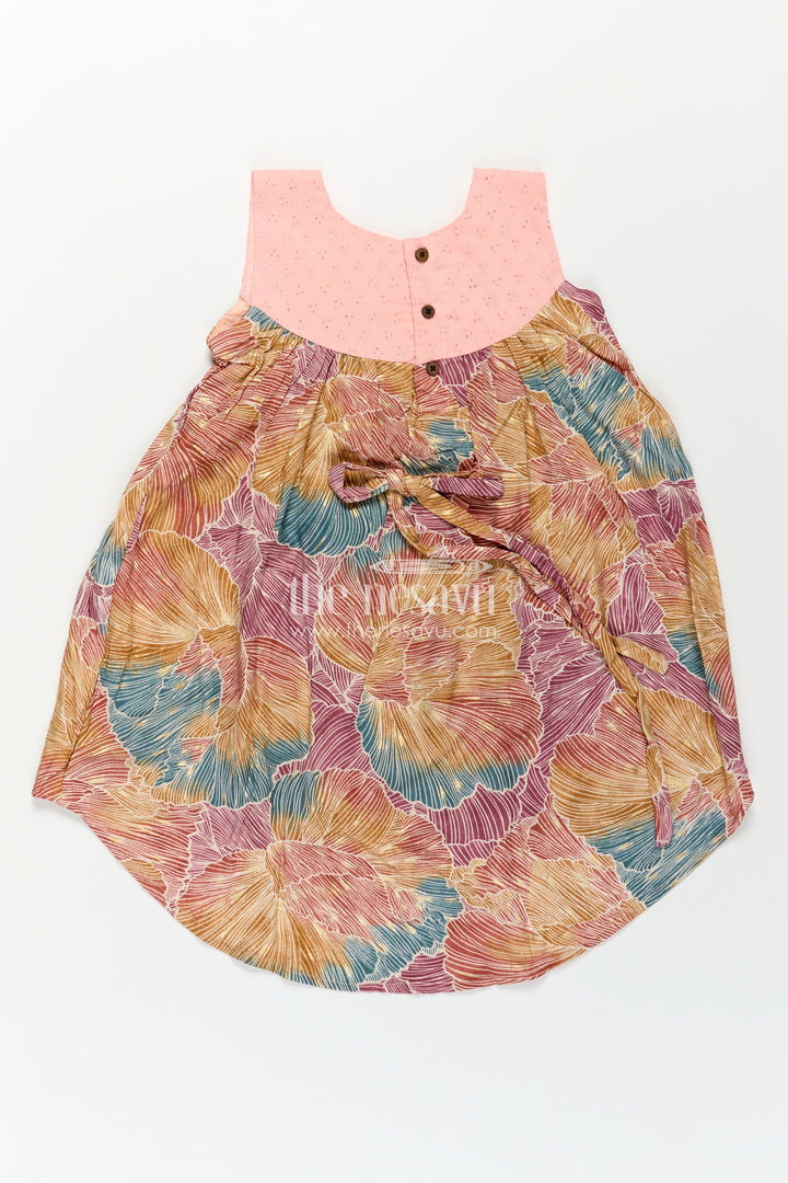 Girls Printed Chanderi Frock with Multicolour Leaves and Embroidered Yoke in Design Frock Design Style